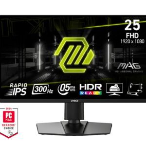 MSI MAG 255PXF, 24.5", 0.5ms, 300Hz, Rapid IPS, 1920x1080 (FHD), 16:9, AMD FreeSync Premium, 90% DCI-P3, AG, HDR Ready, 250 nits, 1000:1, DCR 100M:1, 2x2W, DP(1.2a), 2xHDMI 2.0b, Pivot, Heigh Adj., VESA, Black, 5.3kg