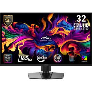 MSI MAG 322UP QD-OLED E16 Gaming Monitor, 31.5", 0.03ms, 165Hz, 3840x2160, G-SYNC, AMD FreeSync Premium Pro, AI Vision, Console Mode, ClearMR 10000, HDR True Black 400, Type-C(15W PD), DP(1.4a), 2xHDMI(2.1), Pivot, Heigh Adj., VESA 100, Black, 7.7kg